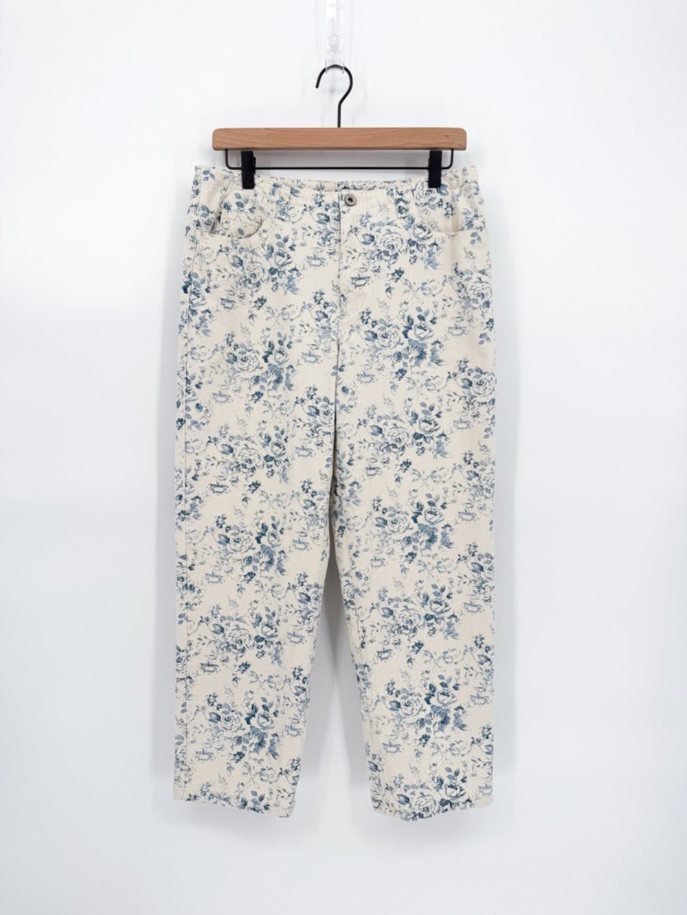 Vintage Lizwear Blue Toile Rose Print Cottagecore Jeans 12 Petite
